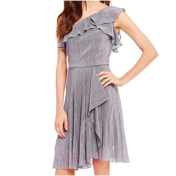 Calvin Klein One Shoulder Metallic Ruffle Mini Dress Silver Shimmer Size 2 - Picture 1 of 8